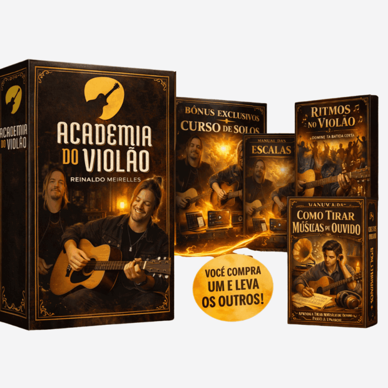 Pacote completo Academia do Violão com Curso de Solos, Manual das Escalas, Ritmos no Violão e Como Tirar Músicas de Ouvido